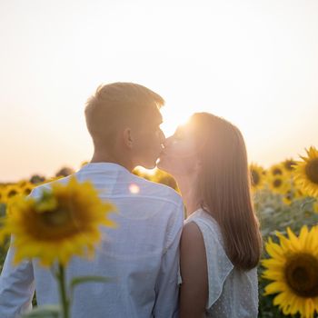 Autumn nature. Young romantic couple walking in sunflower field in sunset