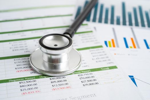 Stethoscope on spreadsheet paper, Finance, Account, Statistics, Investment, Analytic research data economy spreadsheet and Business company concept.