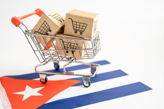 Box with shopping cart logo and Cuba flag, Import Export Shopping online or eCommerce finance delivery service store product shipping, trade, supplier concept.