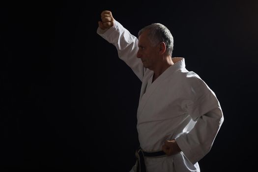 Senior man practicing karate indoor.