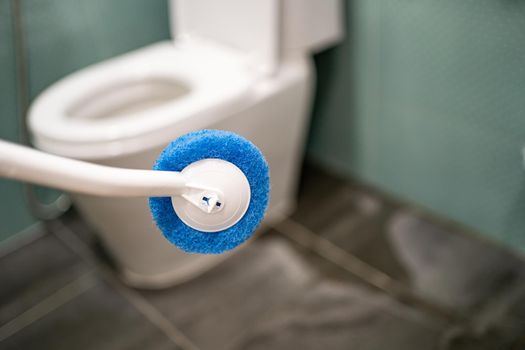 Maid cleaning toilet bowl with brush in bathroom at home.