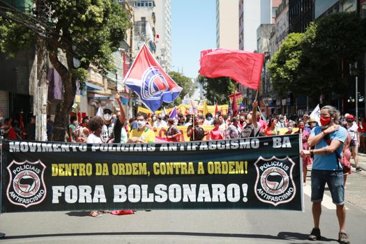 salvador, bahia, brazil - september 7, 2021: Protesters against the government of President Jair Bolsonaro protest in the city of Salvador. The act marks Brazil's Independence Day.
