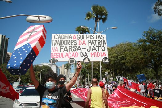 salvador, bahia, brazil - september 7, 2021: Protesters against the government of President Jair Bolsonaro protest in the city of Salvador. The act marks Brazil's Independence Day.