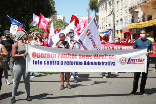 salvador, bahia, brazil - september 7, 2021: Protesters against the government of President Jair Bolsonaro protest in the city of Salvador. The act marks Brazil's Independence Day.