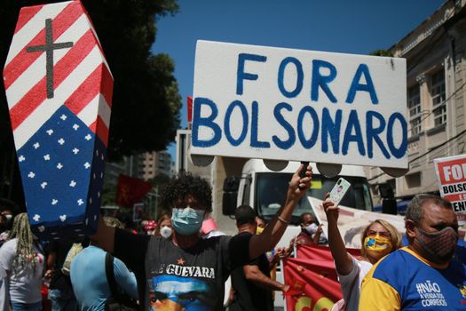 salvador, bahia, brazil - september 7, 2021: Protesters against the government of President Jair Bolsonaro protest in the city of Salvador. The act marks Brazil's Independence Day.