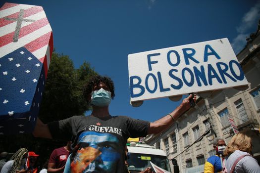 salvador, bahia, brazil - september 7, 2021: Protesters against the government of President Jair Bolsonaro protest in the city of Salvador. The act marks Brazil's Independence Day.