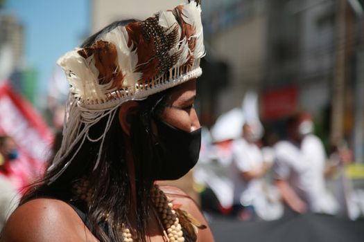 salvador, bahia, brazil - september 7, 2021:Pataxo Indians seen during a demonstration against President Jair Bolsonaro in the city of Salvador.