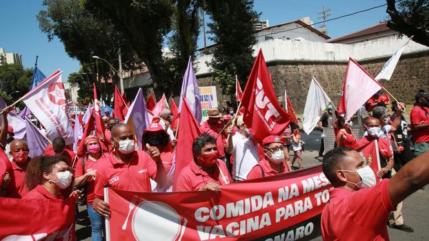 salvador, bahia, brazil - september 7, 2021: Protesters against the government of President Jair Bolsonaro protest in the city of Salvador. The act marks Brazil's Independence Day.