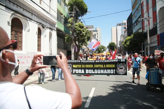salvador, bahia, brazil - september 7, 2021: Protesters against the government of President Jair Bolsonaro protest in the city of Salvador. The act marks Brazil's Independence Day.
