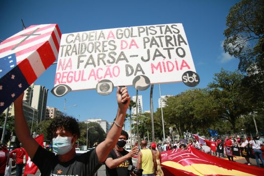 salvador, bahia, brazil - september 7, 2021: Protesters against the government of President Jair Bolsonaro protest in the city of Salvador. The act marks Brazil's Independence Day.