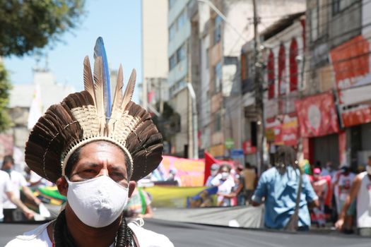 salvador, bahia, brazil - september 7, 2021:Pataxo Indians seen during a demonstration against President Jair Bolsonaro in the city of Salvador.