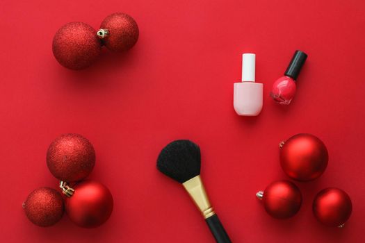 Cosmetic branding, fashion blog cover and girly glamour concept - Make-up and cosmetics product set for beauty brand Christmas sale promotion, luxury red flatlay background as holiday design