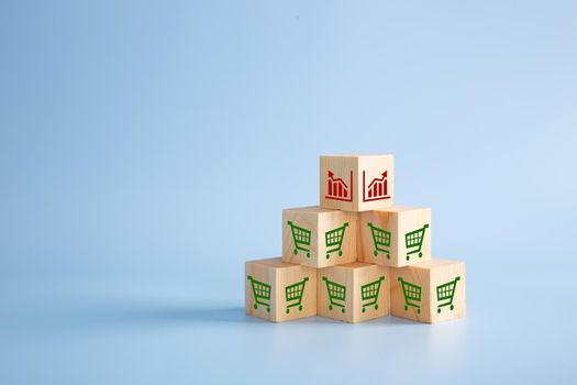 sale volume increase make business grow, cube with icon graph and shopping cart symbol.