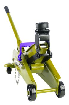 yellow hydraulic car jack isolated on white background, 2 ton capacity, rised up
