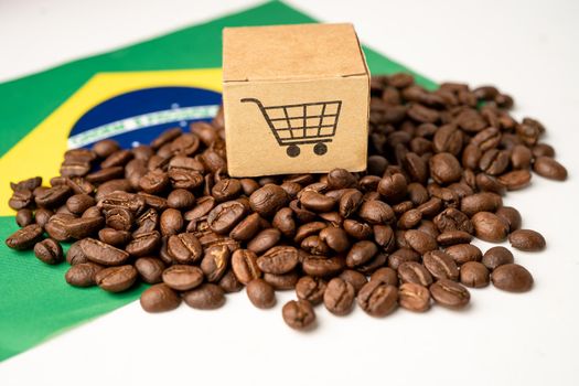 Coffee beans on Brazil flag; import export drink food concept.