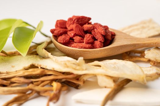 Chinese herb medicine with goji berries for good healthy.