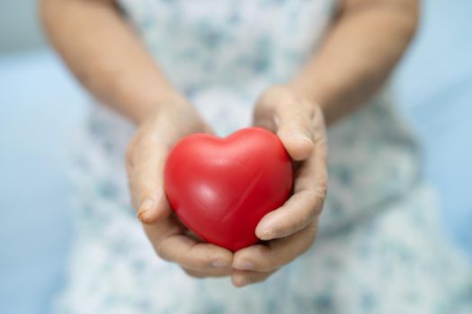 Asian senior or elderly old lady woman patient holding red heart in her hand on bed in nursing hospital ward, healthy strong medical concept