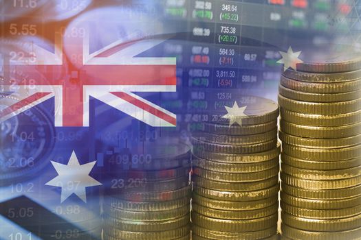 Stock market investment trading financial with coin and Australia flag, finance business concept.