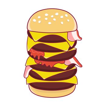 Giant burger with cheese and bacon. Vector illustration on a white background.