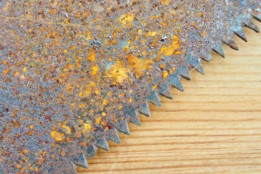 Old hand saw on a dirty wooden background.Working area with hand tool.Carpentry instrument. Manual labor concept
