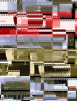 Abstract collage of celluloid film strips - old, used, dusty and scratched celluloid film strips