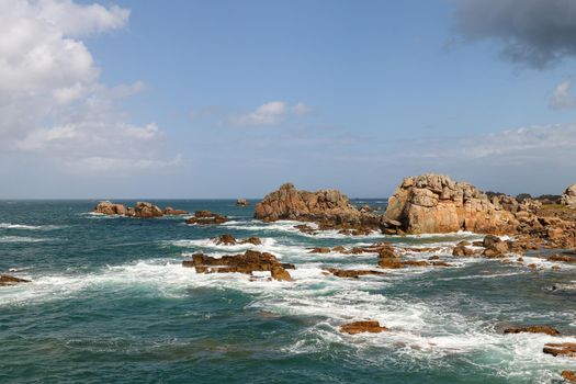 Rocky coast of Brittany - view point on Pink Granite Coast, Le Gouffre, Cote de Granit Rose, Plougrescant, Brittany, France