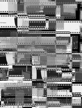 Abstract collage of celluloid film strips - old, used, dusty and scratched celluloid film strips