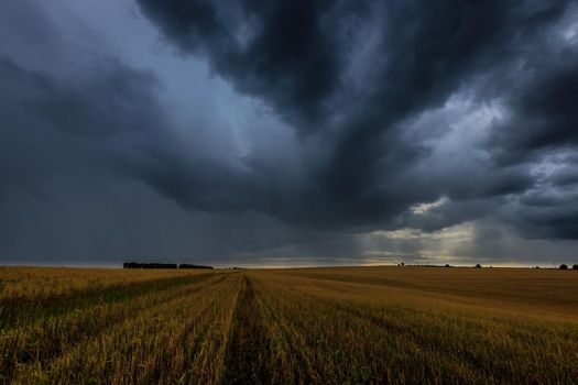 Dark storm clouds in an agricultural field in autumn. An impending storm, hurricane or thunderstorm. Bad extrime weather.