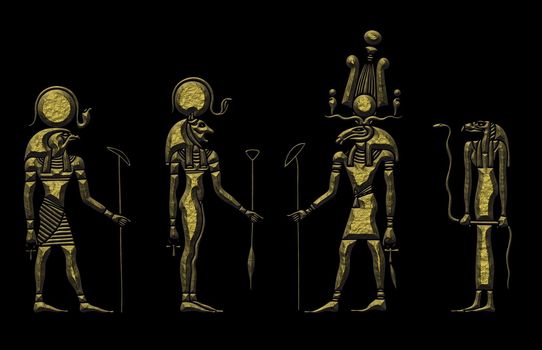 Various Egyptian gods. 
Ra - God of the Sun, Bastet -  ancient solar and war goddess, Khensu and priestess of the Amon