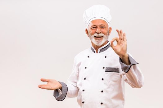 Portrait of senior chef showing palm of hand and ok sign on gray background.