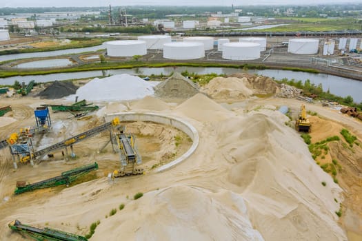 Aerial view of industrial site construction buildings industry zone of a oil storage tanks terminal
