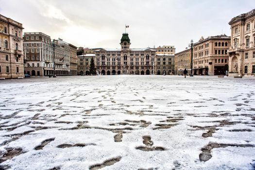 View of Piazza Unità d'Italia covered by snow, Trieste