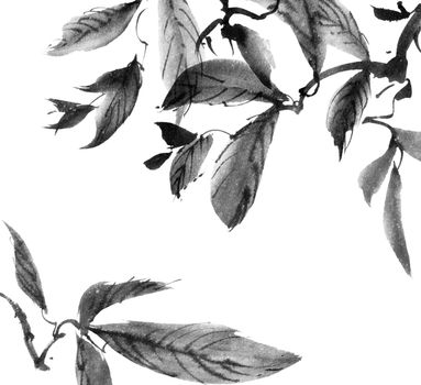 Watercolor and ink illustration of tree trunk with leaves - grayscale painting on white background. Oriental traditional painting in style sumi-e or gohua.