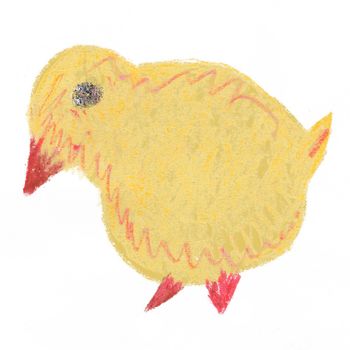 An impression of a chicken. Children drawing. A yellow chicken with a red beak and paws. Watercolor Illustration of Farm Bird.
