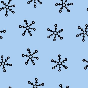 Seamless Pattern with Black Snowflakes on Light Blue Background. Abstract Hand-Drawn Doodle Snowflakes.