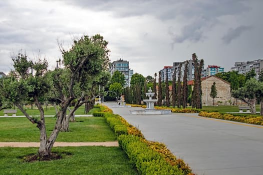 Atakoy,istanbul,Turkey-June 15,2021.City and building view from Baruthane Public Park between 5-star hotels and modern buildings in Atakoy,istanbul city.