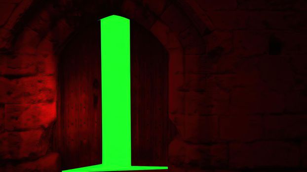 3d illustration - wooden  door opening to green screen background