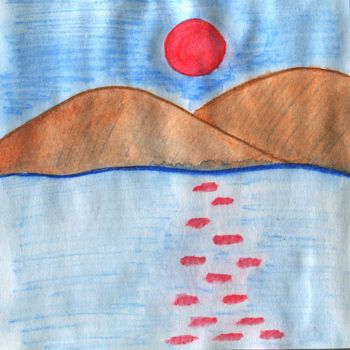 Hand Drawn Watercolor Sunset on the Sea. Illustration Drawn by Watercolor and Colored Pencils,