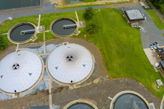 Aerial view of modern industrial water recycling sewage treatment plant