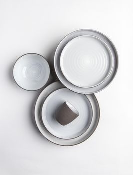 Kitchen and restaurant utensils on a white background. Top view