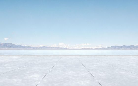 Outdoor space and lake, 3d rendering. Computer digital drawing.