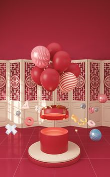 Balloons and Presents with red background, 3d rendering. Computer digital drawing.