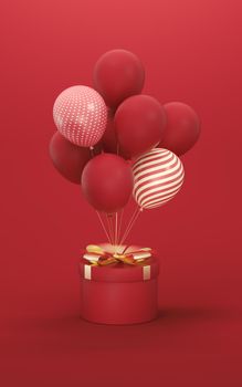 Balloons and Presents with red background, 3d rendering. Computer digital drawing.