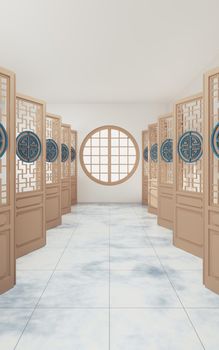 Chinese style room with white background, 3d rendering. Computer digital drawing.