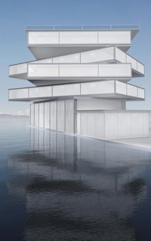 The modern concept architecture on the water, 3d rendering. Computer digital drawing.