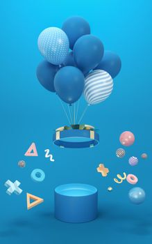 Balloons and Presents with blue background, 3d rendering. Computer digital drawing.