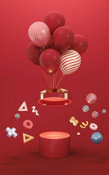 Balloons and Presents with red background, 3d rendering. Computer digital drawing.