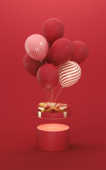 Balloons and Presents with red background, 3d rendering. Computer digital drawing.