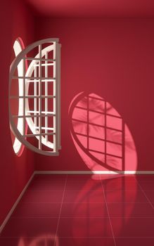 An empty room with round window, 3d rendering. Computer digital drawing.
