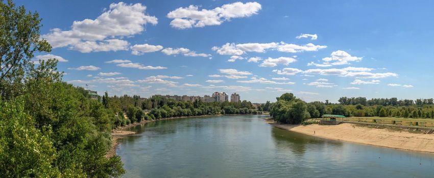 Tiraspol, Moldova 06.09.2021.  Panoramic view of the Dniester river in Tiraspol, Transnistria or Moldova, on a sunny summer day